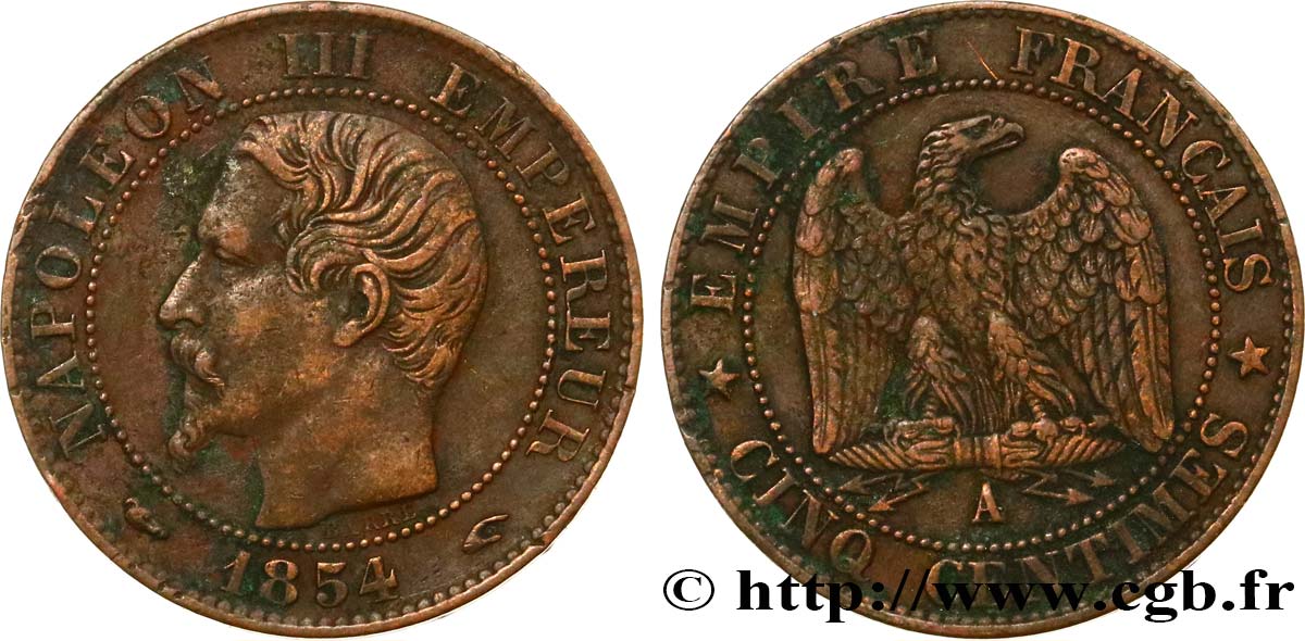 Cinq centimes Napoléon III, tête nue 1854 Paris F.116/8 TB35 