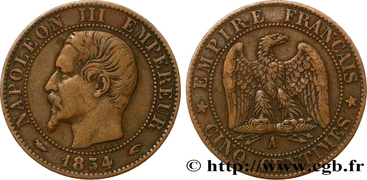 Cinq centimes Napoléon III, tête nue 1854 Paris F.116/8 TB35 