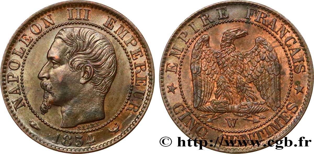 Cinq centimes Napoléon III, tête nue 1854 Lille F.116/15 SPL55 
