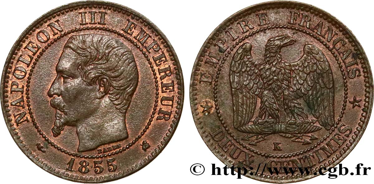 Deux centimes Napoléon III, tête nue 1855 Bordeaux F.107/33 VZ58 