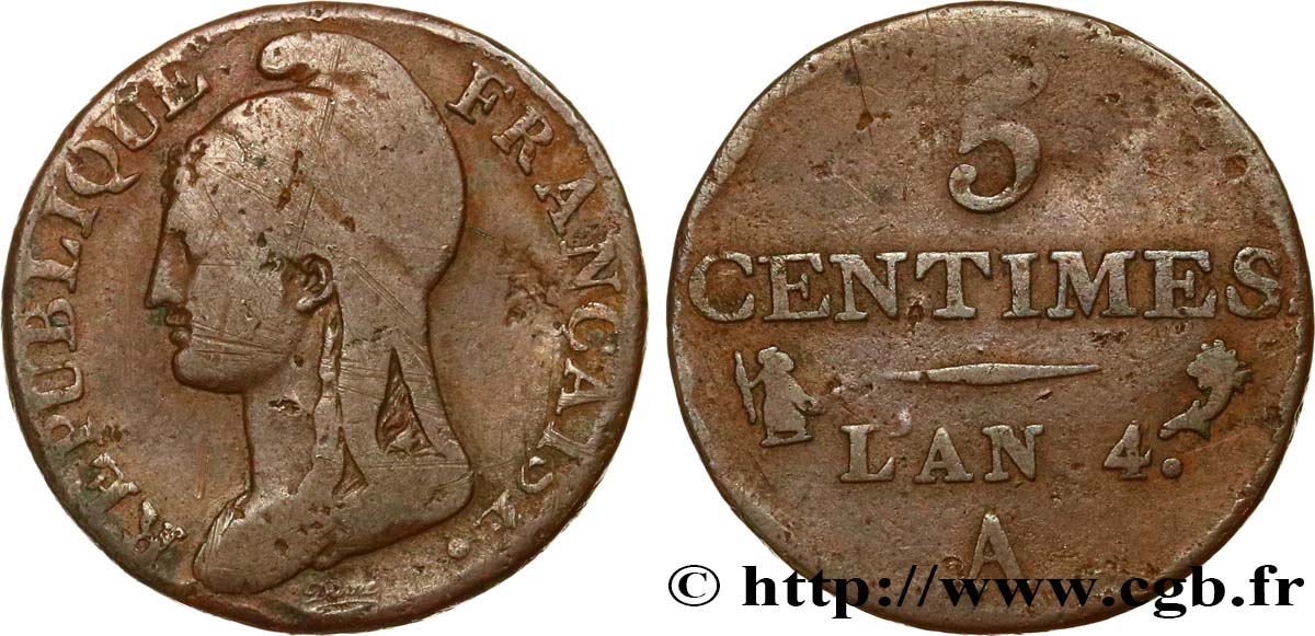 5 centimes Dupré, petit module 1796 Paris F.113/1 VF20 