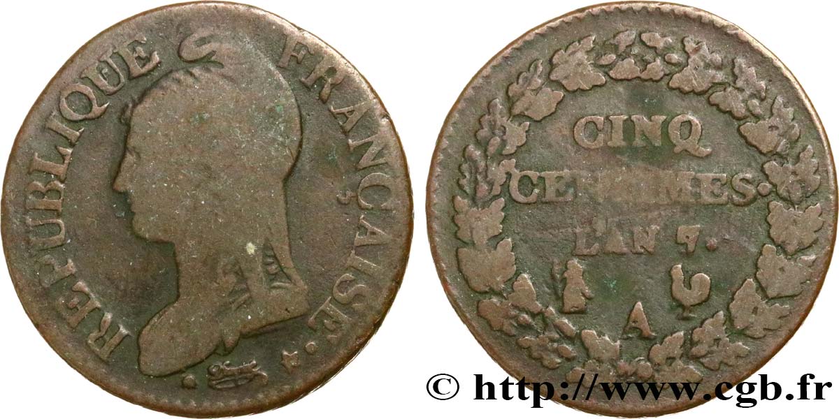 Cinq centimes Dupré, grand module 1799 Paris F.115/46 VF20 