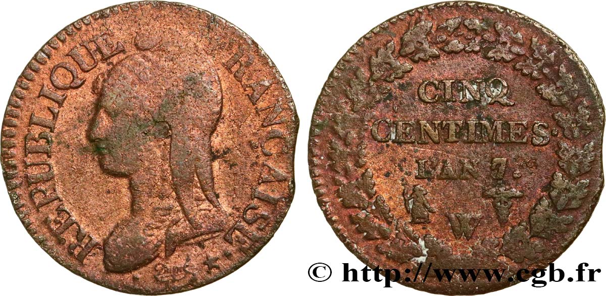 Cinq centimes Dupré, grand module 1799 Lille F.115/76 BC 