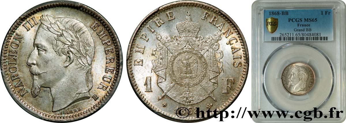 1 franc Napoléon III, tête laurée, Grand BB 1868 Strasbourg F.215/12 ST65 PCGS