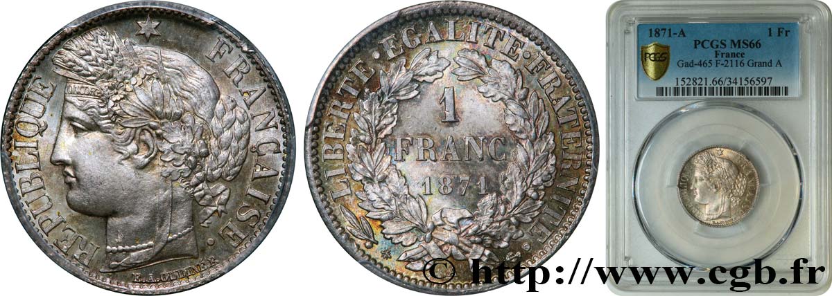 1 franc Cérès, Troisième République 1871 Paris F.216/1 ST66 PCGS
