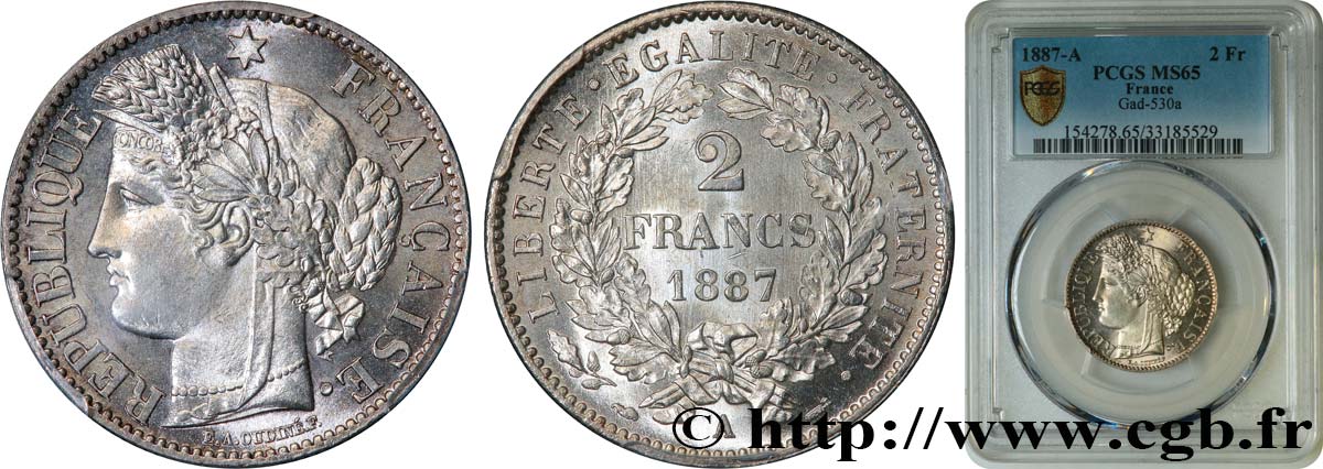 2 francs Cérès, avec légende 1887 Paris F.265/13 MS65 PCGS