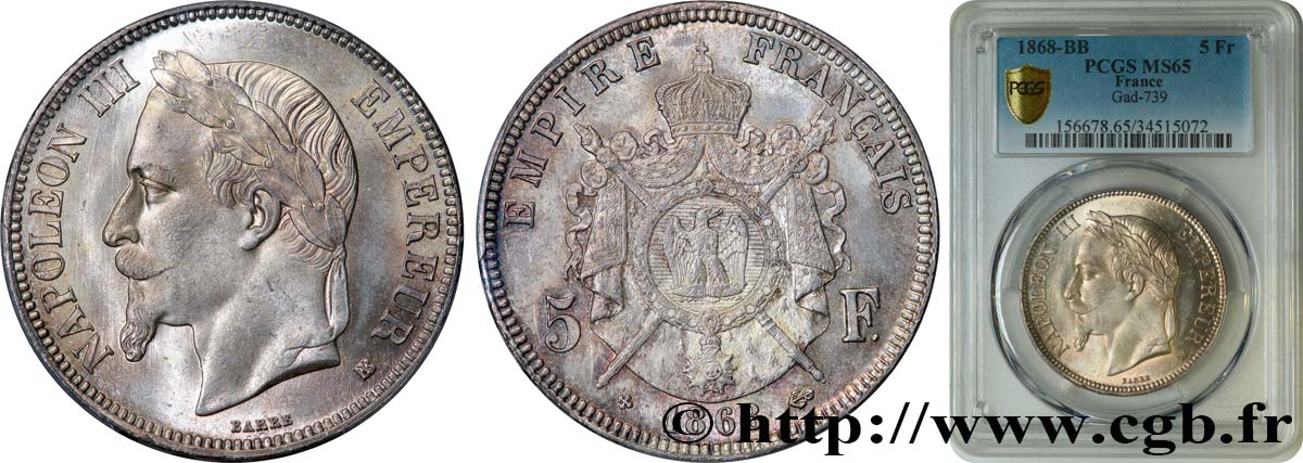 5 francs Napoléon III, tête laurée 1868 Strasbourg F.331/13 ST65 PCGS