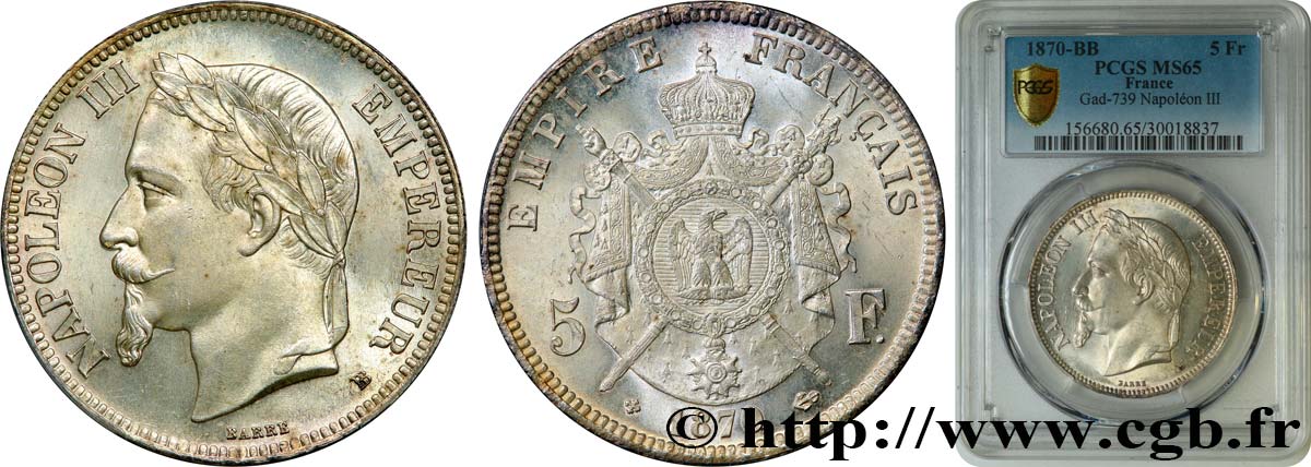 5 francs Napoléon III, tête laurée 1870 Strasbourg F.331/17 FDC65 PCGS
