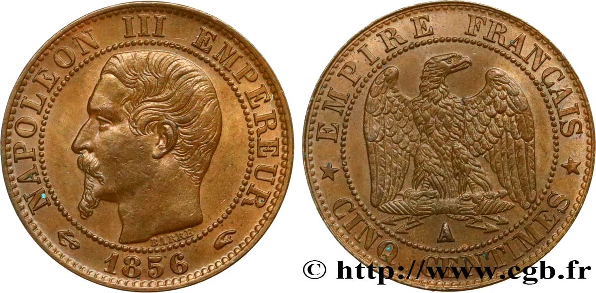 Cinq centimes Napoléon III, tête nue 1856 Paris F.116/30 SPL58 