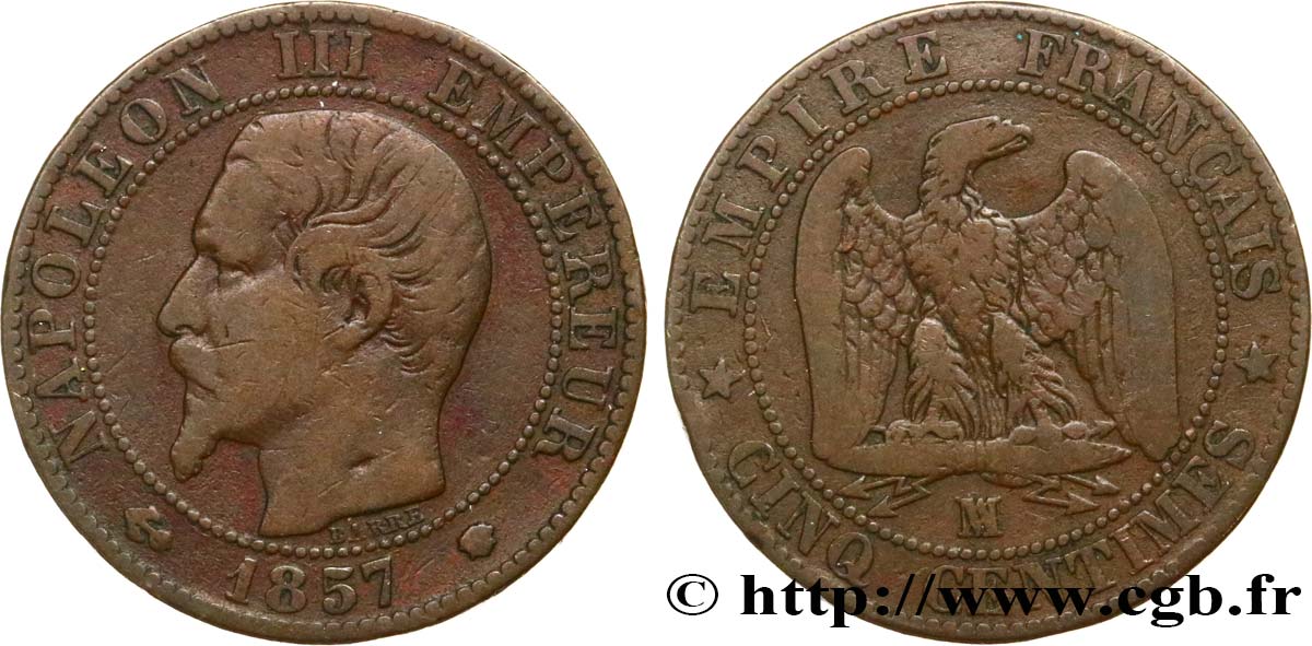 Cinq centimes Napoléon III, tête nue 1857 Marseille F.116/42 TB15 