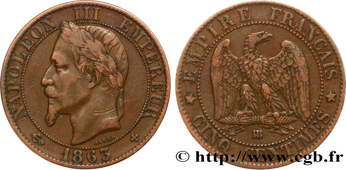 Cinq centimes Napoléon III, tête laurée 1863 Strasbourg F.117/11 TB35 