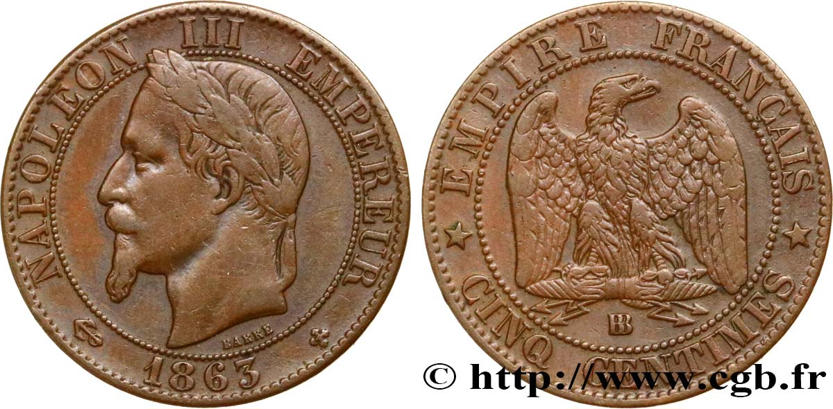 Cinq centimes Napoléon III, tête laurée 1863 Strasbourg F.117/11 VF35 