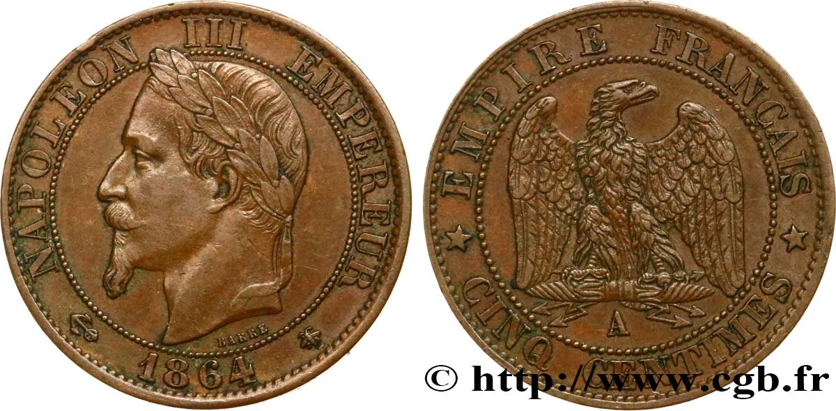 Cinq centimes Napoléon III, tête laurée 1864 Paris F.117/13 SS45 