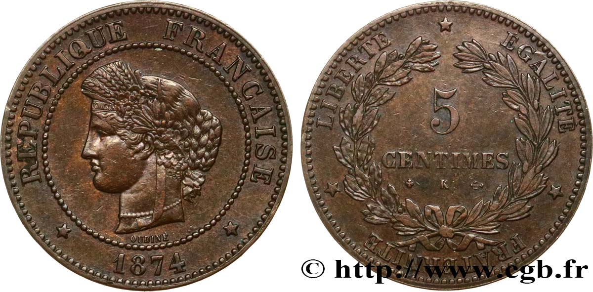5 centimes Cérès 1874 Bordeaux F.118/10 TTB50 