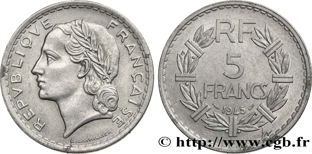 5 francs Lavrillier, aluminium 1945 Castelsarrasin F.339/5 MBC53 