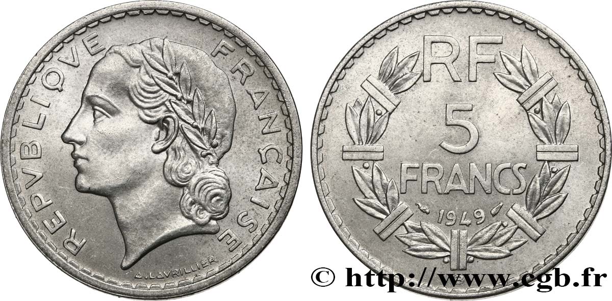 5 francs Lavrillier, aluminium 1949 Beaumont-le-Roger F.339/19 AU58 
