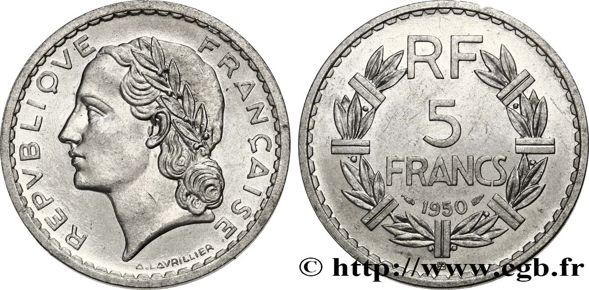 5 francs Lavrillier, aluminium 1950 Beaumont-Le-Roger F.339/21 SPL61 