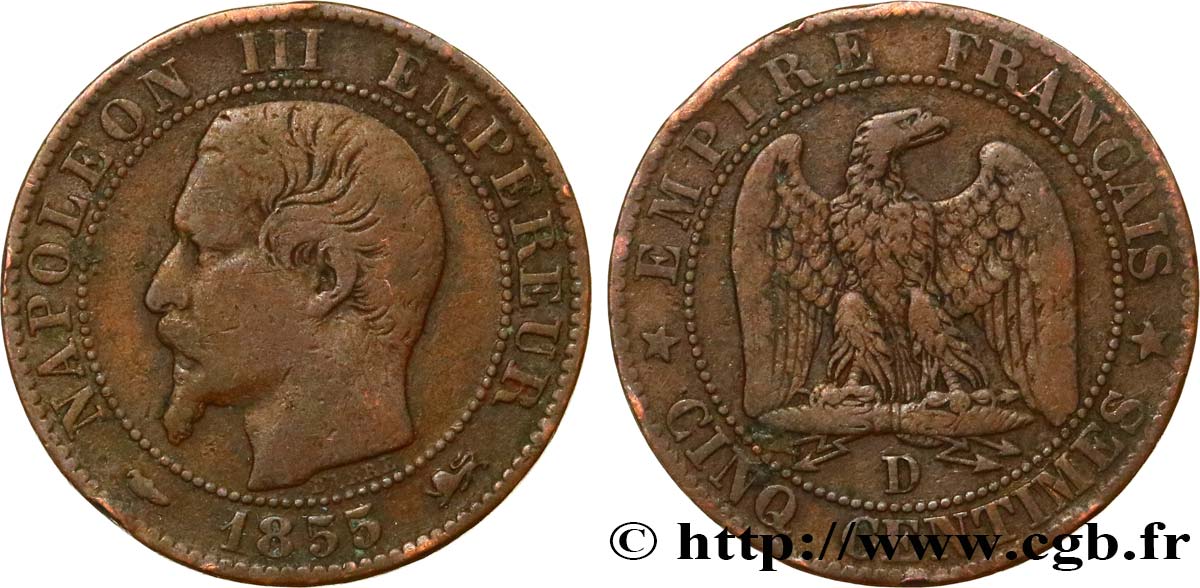 Cinq centimes Napoléon III, tête nue 1855 Lyon F.116/22 VF20 
