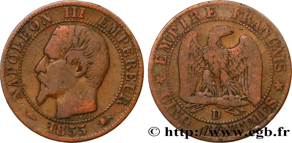 Cinq centimes Napoléon III, tête nue 1855 Lyon F.116/22 MB15 