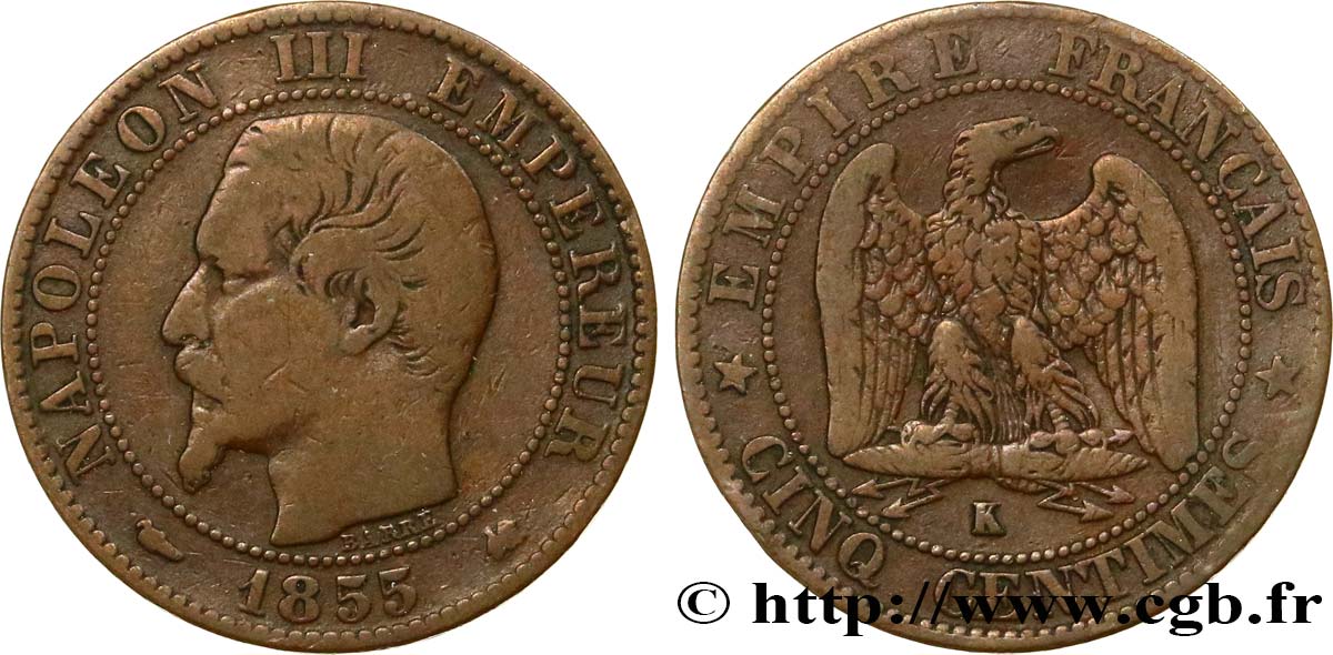 Cinq centimes Napoléon III, tête nue 1855 Bordeaux F.116/24 MB15 