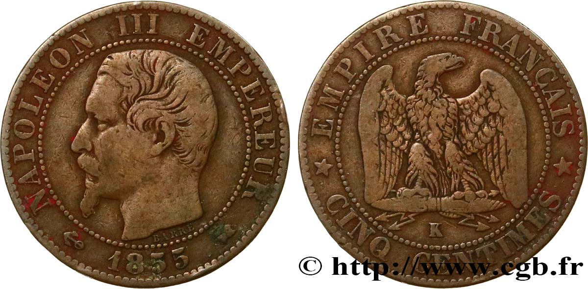Cinq centimes Napoléon III, tête nue 1855 Bordeaux F.116/25 TB20 