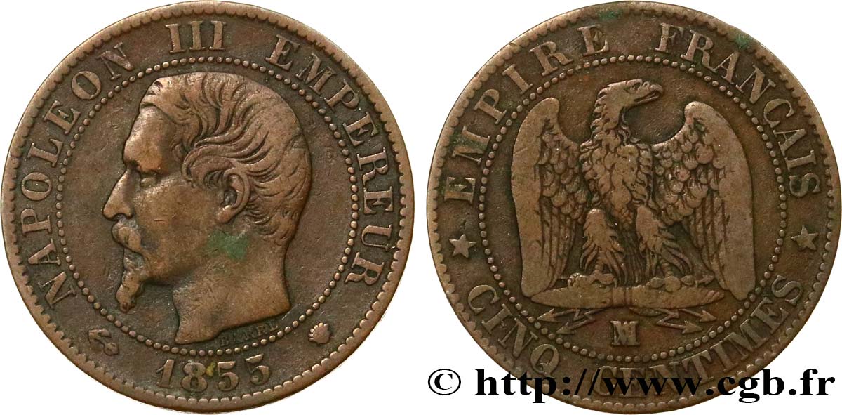 Cinq centimes Napoléon III, tête nue 1855 Marseille F.116/27 S25 