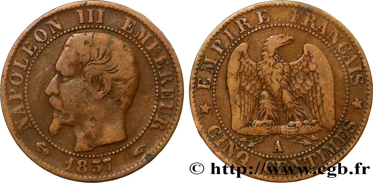 Cinq centimes Napoléon III, tête nue 1857 Paris F.116/37 TB20 
