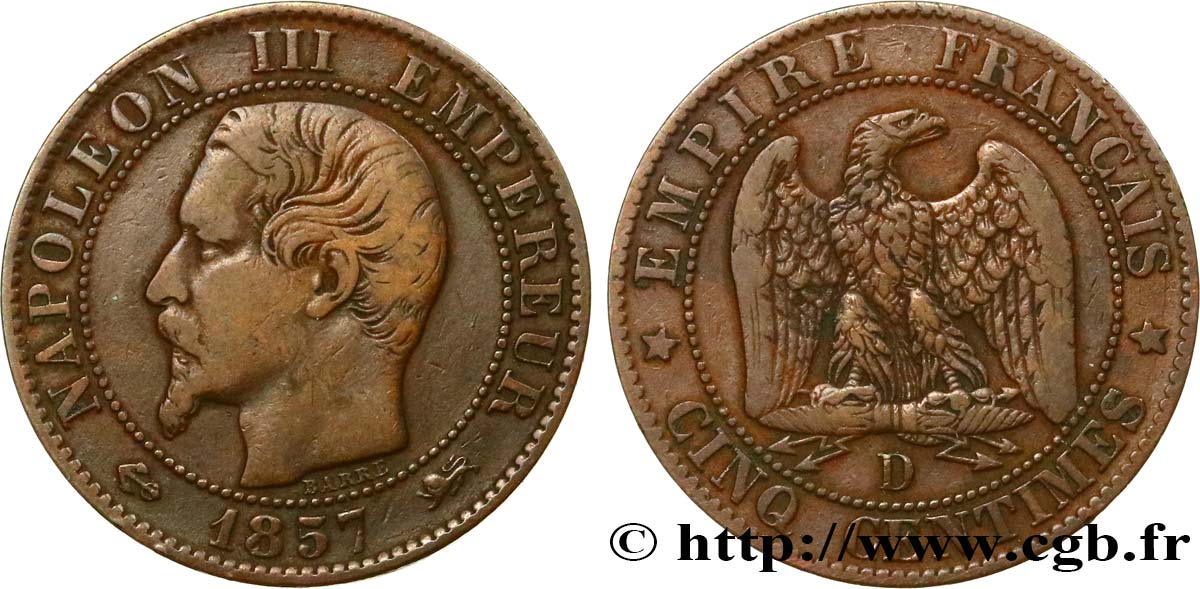 Cinq centimes Napoléon III, tête nue 1857 Lyon F.116/40 TB30 