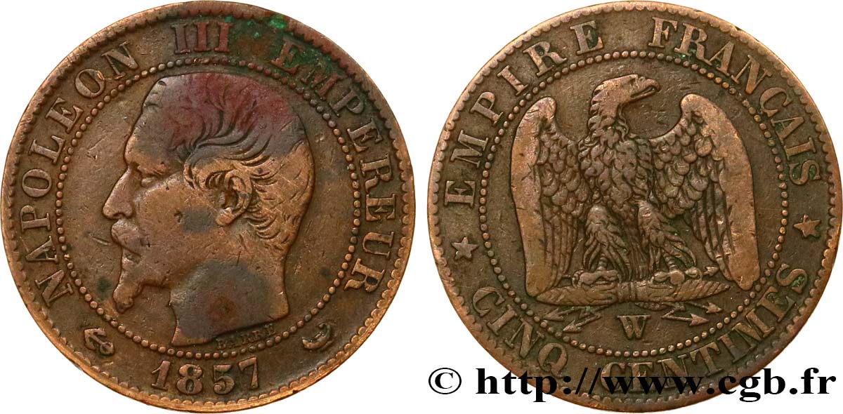 Cinq centimes Napoléon III, tête nue 1857 Lille F.116/43 TB20 