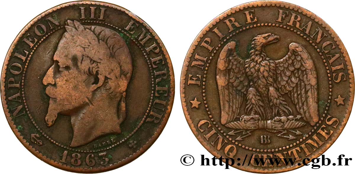 Cinq centimes Napoléon III, tête laurée 1863 Strasbourg F.117/11 TB15 