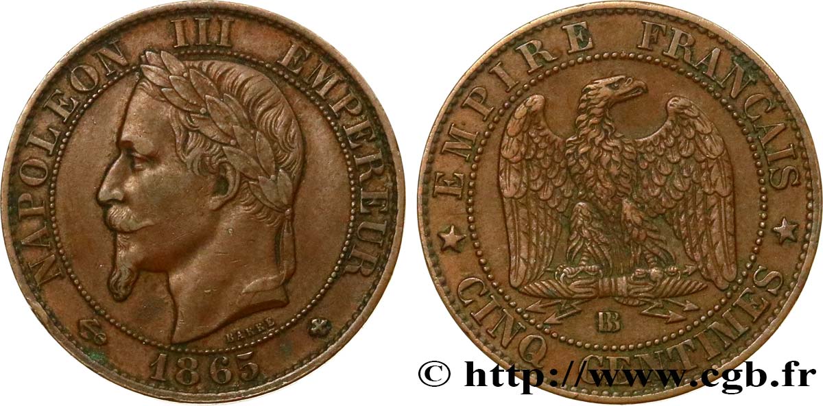 Cinq centimes Napoléon III, tête laurée 1865 Strasbourg F.117/17 MBC45 