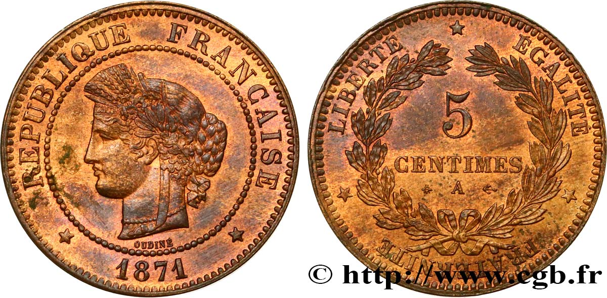 5 centimes Cérès 1871  Paris F.118/2 AU58 