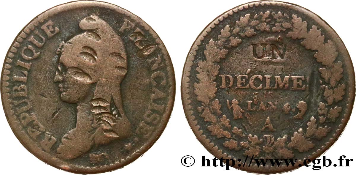 Un décime Dupré, modification du 2 décimes 1796 Paris F.127/1 B 