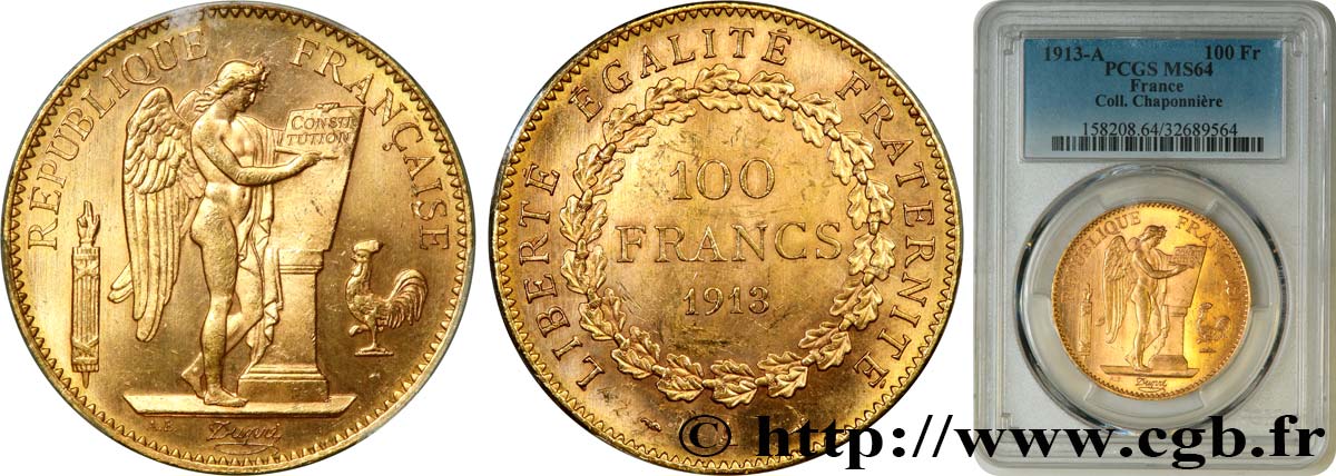 100 francs or Génie, tranche inscrite en relief Liberté Égalité Fraternité 1913 Paris F.553/7 SC64 PCGS