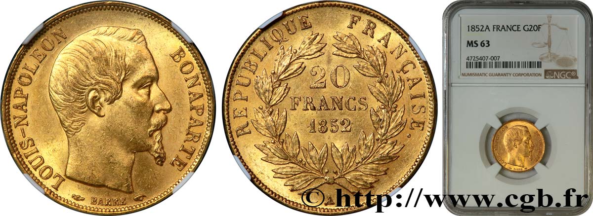 20 francs or Louis-Napoléon 1852 Paris F.530/1 SC63 NGC