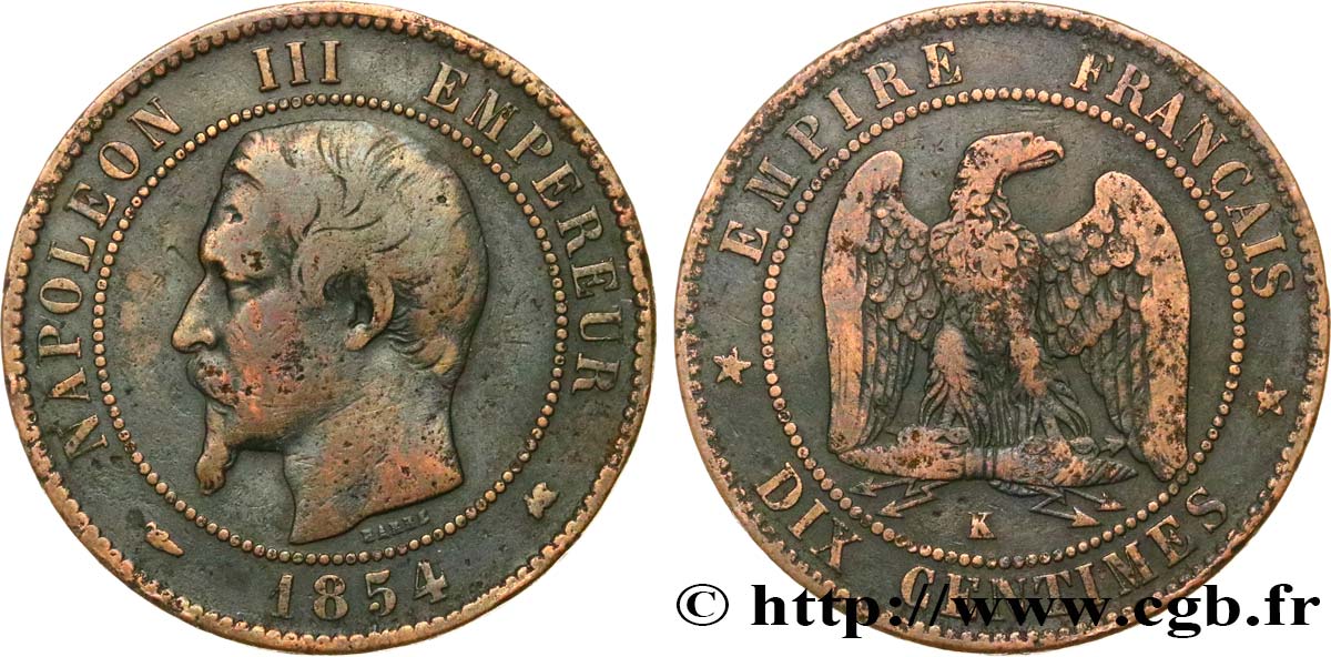 Dix centimes Napoléon III, tête nue 1854 Bordeaux F.133/16 B+ 