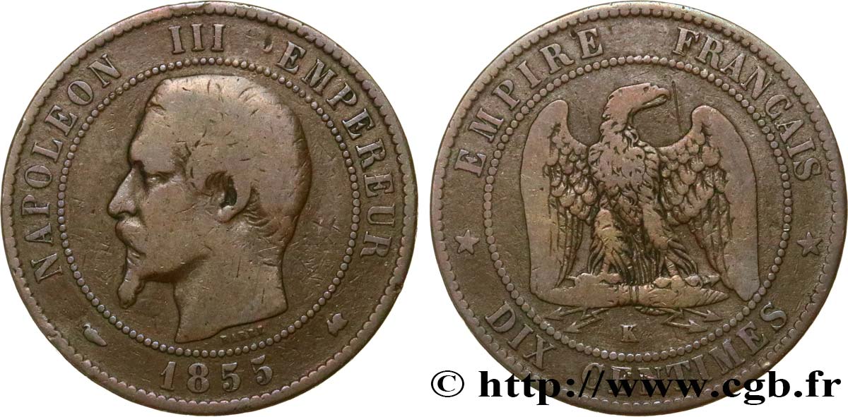 Dix centimes Napoléon III, tête nue 1855 Bordeaux F.133/27 F15 