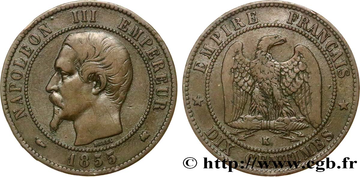 Dix centimes Napoléon III, tête nue 1855 Bordeaux F.133/27 TB25 
