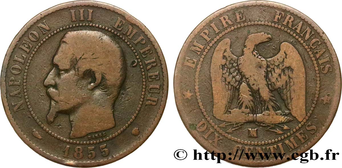 Dix centimes Napoléon III, tête nue, différent levrette 1855 Marseille F.133/30 F12 