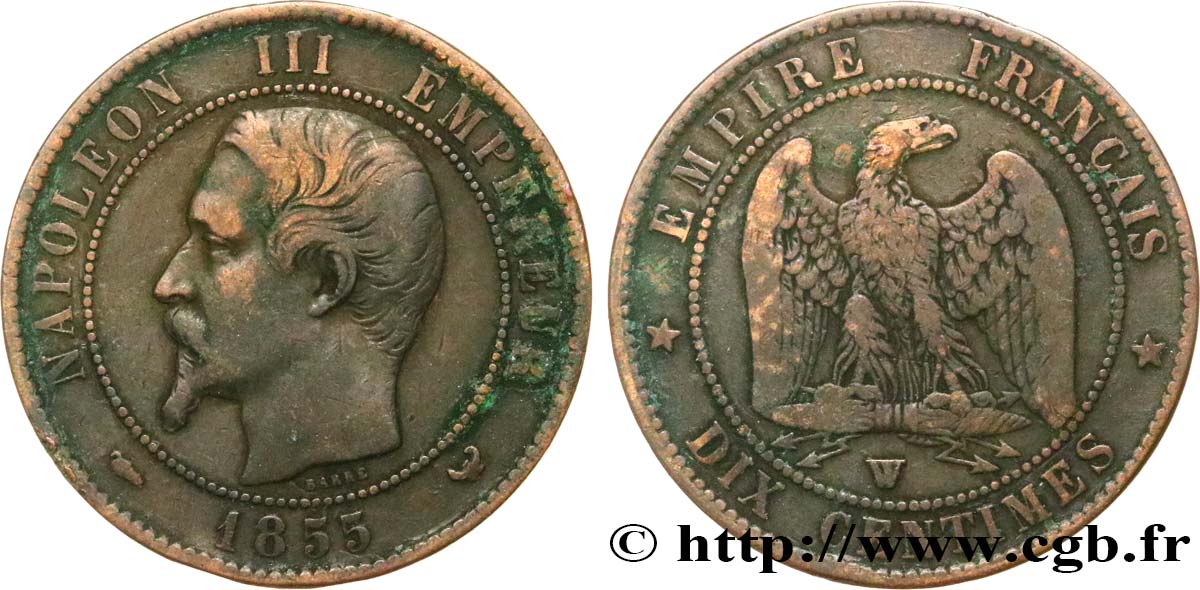 Dix centimes Napoléon III, tête nue 1855 Lille F.133/32 TB25 