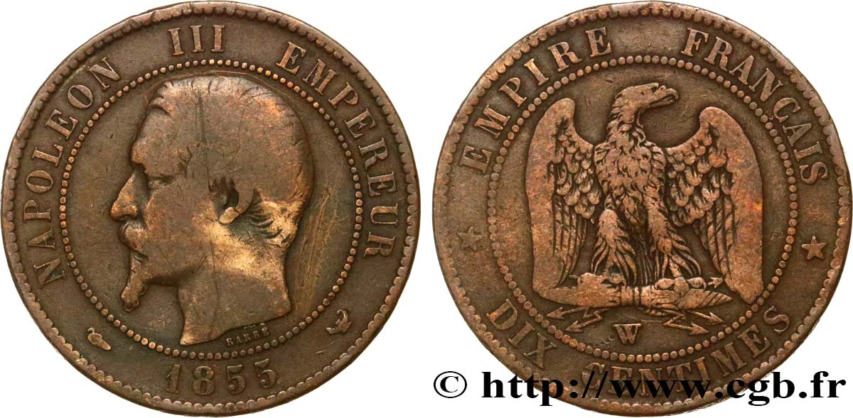 Dix centimes Napoléon III, tête nue 1855 Lille F.133/32 RC+ 