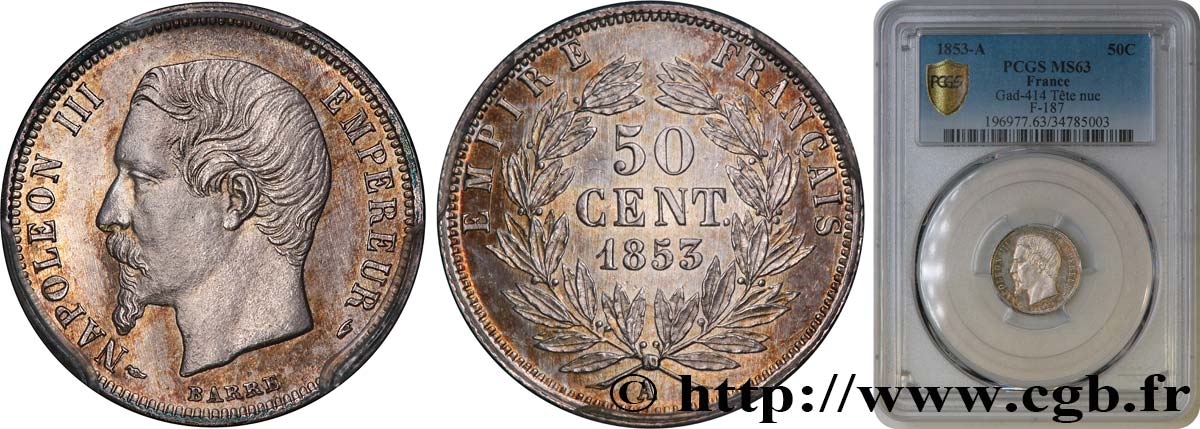 50 centimes Napoléon III, tête nue 1853 Paris F.187/1 SPL63 PCGS