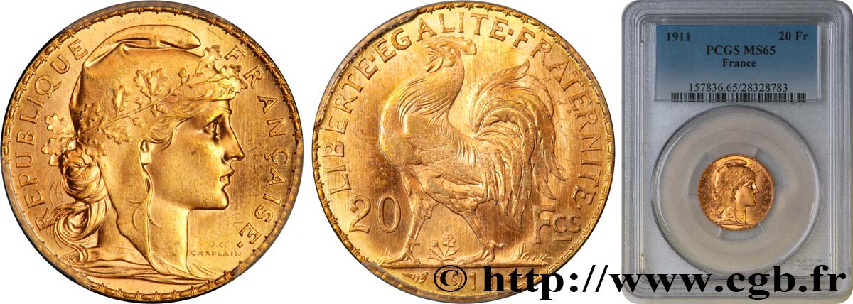 20 francs or Coq, Liberté Égalité Fraternité 1911 Paris F.535/5 MS65 PCGS