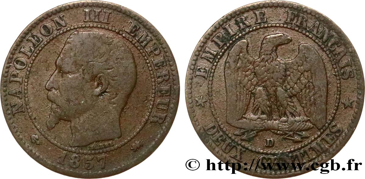Deux centimes Napoléon III, tête nue, petit D et petit lion 1857 Lyon F.107/48 F12 