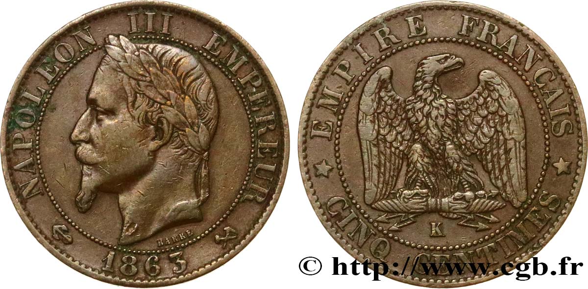 Cinq centimes Napoléon III, tête laurée 1863 Bordeaux F.117/12 VF35 