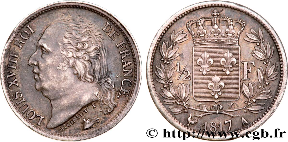 1/2 franc Louis XVIII 1817 Paris F.179/9 AU55 
