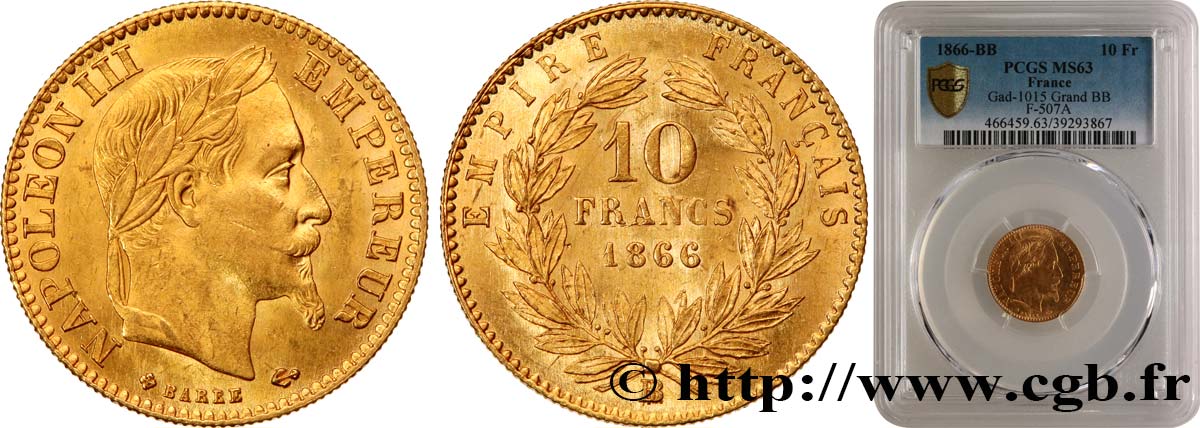 10 francs or Napoléon III, tête laurée 1866 Strasbourg F.507A/14 MS63 PCGS