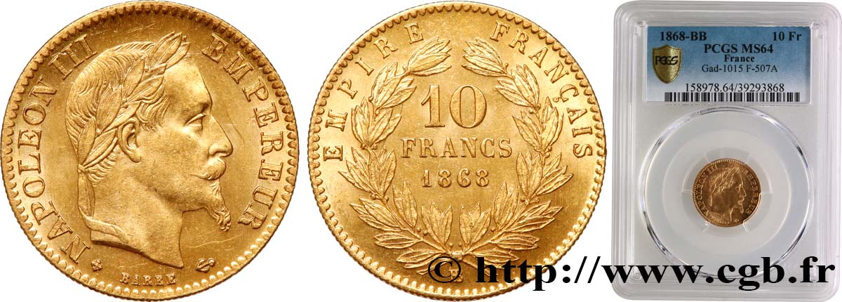 10 francs or Napoléon III, tête laurée 1868 Strasbourg F.507A/18 SPL64 PCGS