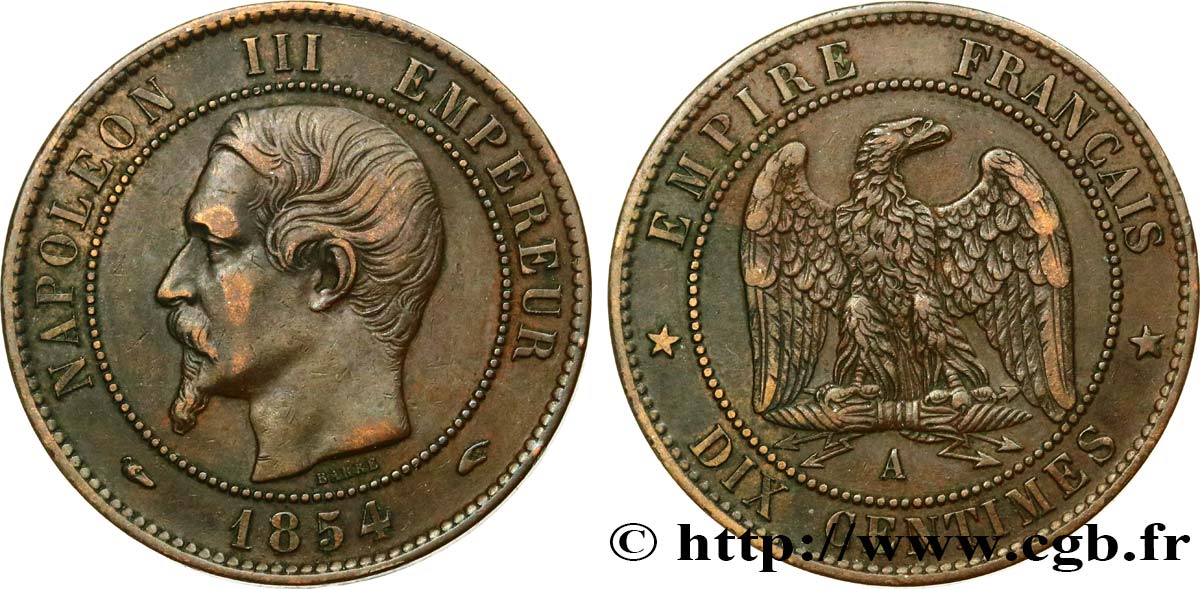 Dix centimes Napoléon III, tête nue 1854 Paris F.133/11 XF45 