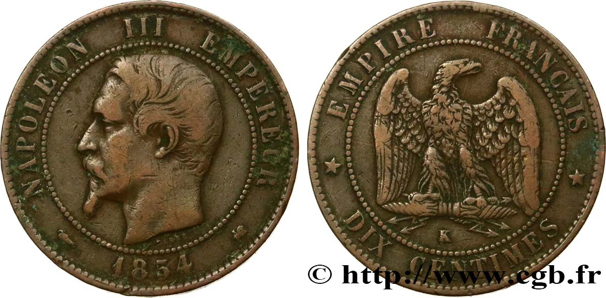 Dix centimes Napoléon III, tête nue 1854 Bordeaux F.133/16 TB30 